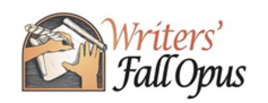 Writers' Fall Opus logo with cartoon illustration of hand holding a pen and writing on paper with text to the right of it	