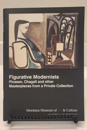Figurative modernists book resting on a bookstand featuring an abstract painting of a woman in a room