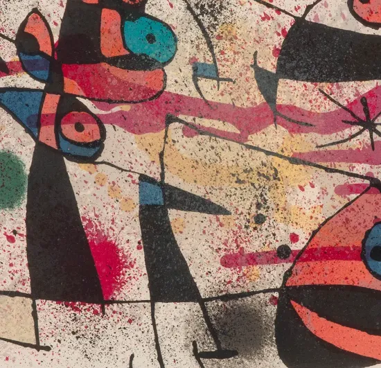 abstract painting featuring striking black lines and shapes with green and yellow splashes variously