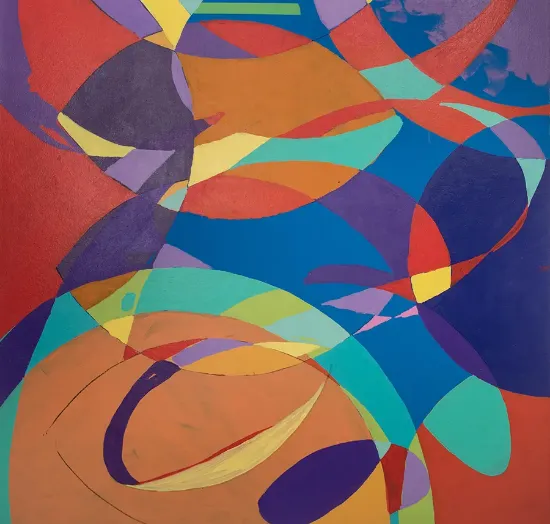 abstract painting with orange and blue colors in circular shapes overlapping each other
