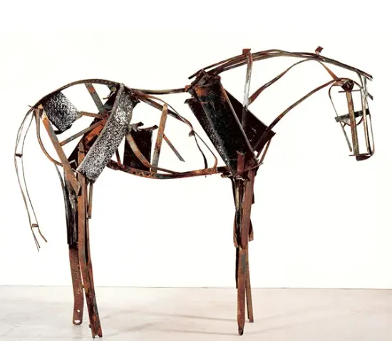 Abstract metal sculpture of a horse made from welded steel strips and plates against a white background.