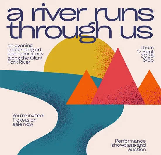 Stylized illustration with the text “a river runs through us,” featuring a winding teal river, a yellow sun, and orange-red triangular mountains.
