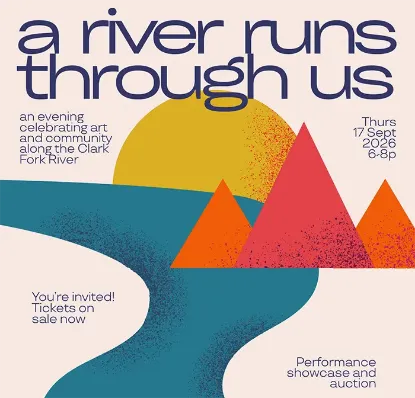 Stylized illustration with the text “a river runs through us,” featuring a winding teal river, a yellow sun, and orange-red triangular mountains.